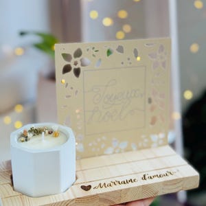 Cadeau Anniversaire Maman Mamie | Porte-photo carte Bois Personnalisable | Bougie Fleurie Cire Soja