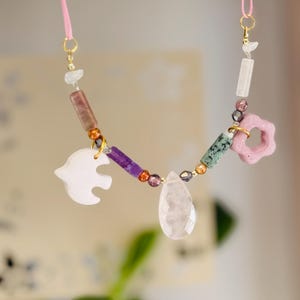 Charm Necklace | Dove and Flower in Jesmonite | Natural Gemstones and Golden Beads