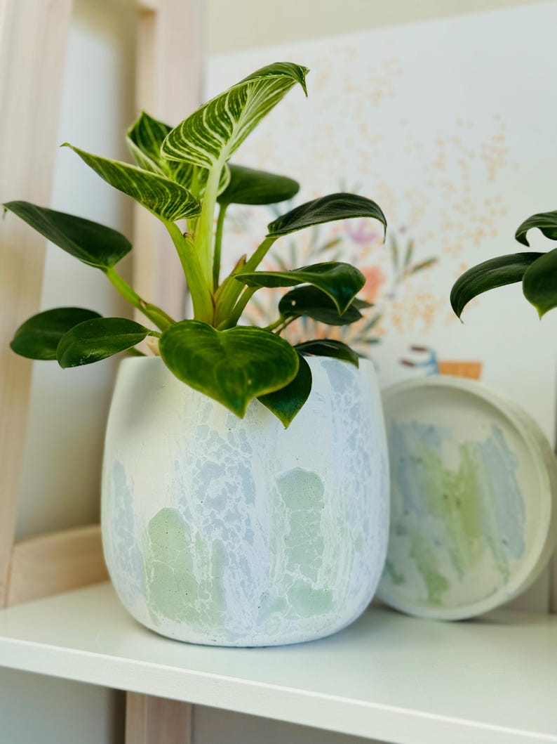 Japandi Design Bloempot & Schotel | Bloempot 11 CM Wit, Pastel | Gebarsten patroon Bleu Vert Menthe