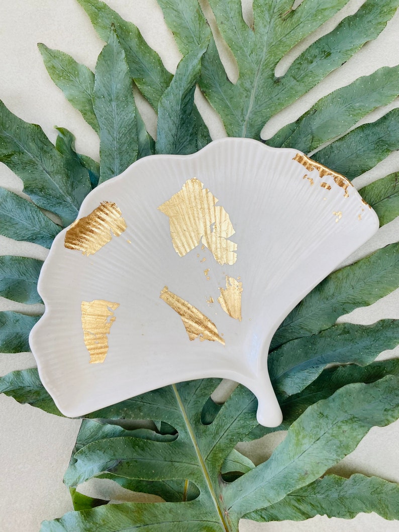 Gingko Biloba Gold Leaf Jesmonite Boho Tray Bohemian Chic Golden Home Decor Object image 2