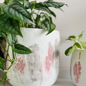 May include: Two white ceramic planters with pink and gray abstract designs, holding green leafy plants. The larger planter has a wider opening and a more detailed pattern. The plants have textured, veined leaves.
