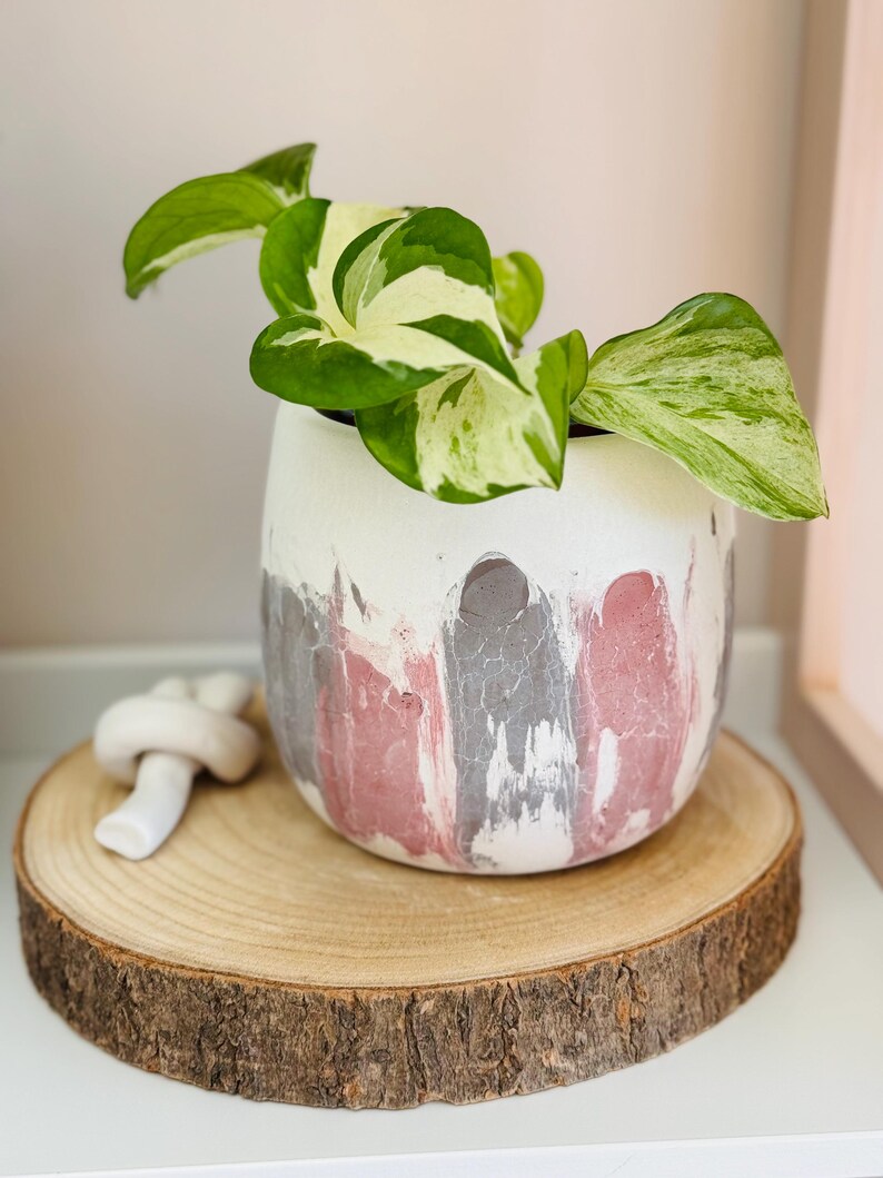 Japandi Design Bloempot & Schotel | Bloempot 11 CM Wit, Pastel | Gebarsten patroon Noir Bordeau