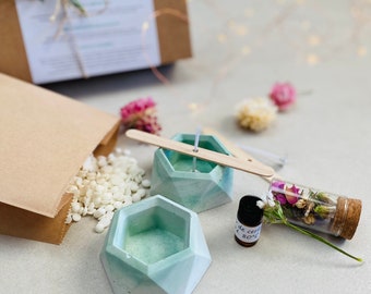 Kit de velas florales DIY, cera de soja, 2 portavelas de hormigón amarillo o rosa incluidos