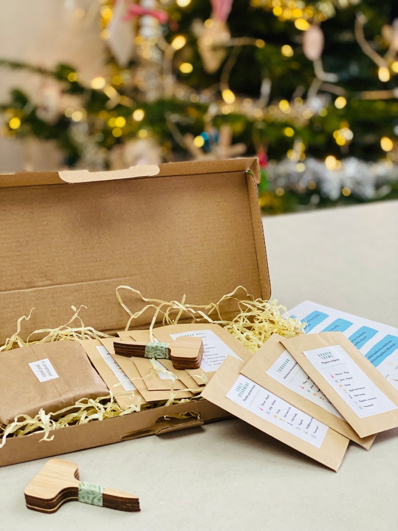 Puede incluir: Una caja de cart&oacute;n llena de sobres de papel marr&oacute;n que contienen paquetes de semillas y marcadores de plantas de madera. La caja est&aacute; abierta y el contenido es visible. Los sobres tienen el texto "Garden Time" y "Seed Starting Tips".