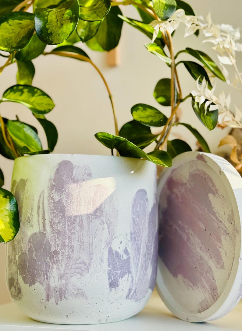 May include: A white and lavender marbled concrete planter with a matching lid. The planter is round and holds a green plant with variegated leaves. The lid is round and rests beside the planter. The background is a neutral color.