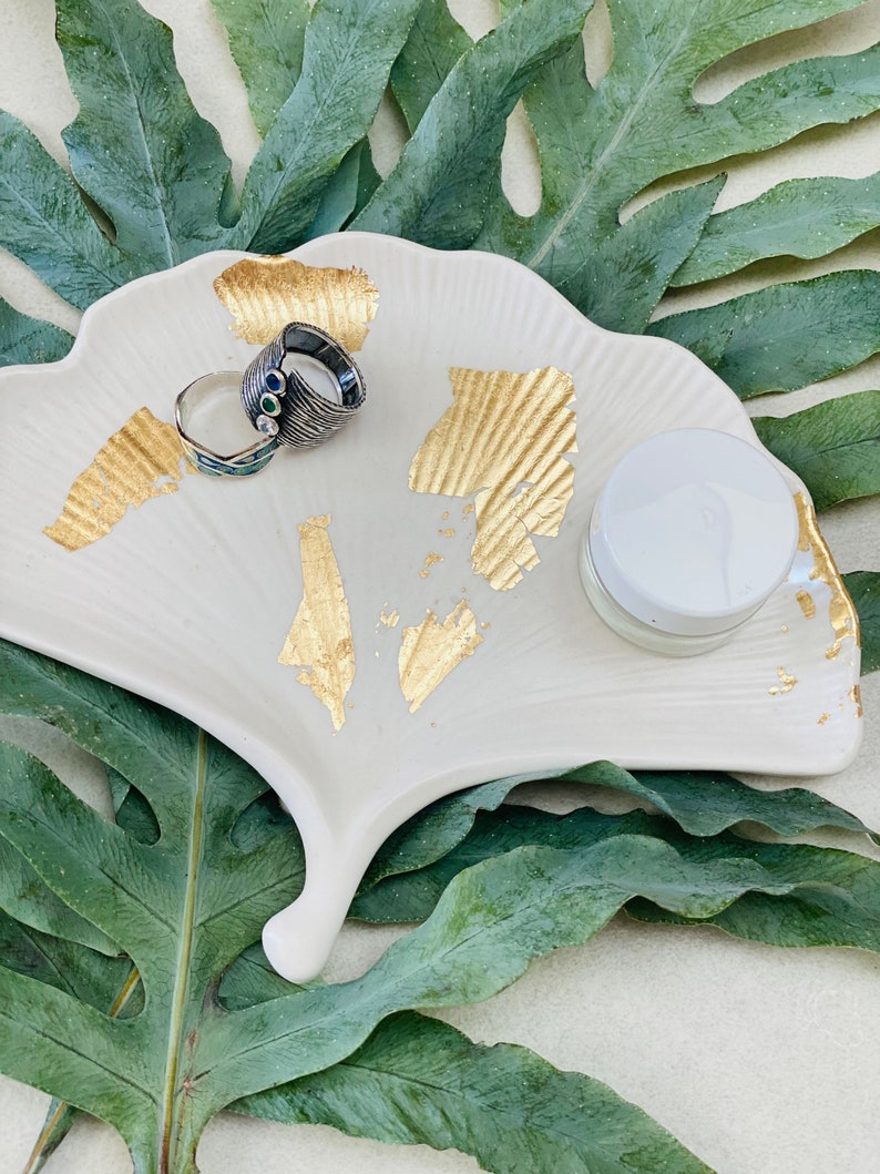 Gingko Biloba Gold Leaf Jesmonite Boho Tray Bohemian Chic Golden Home Decor Object image 5