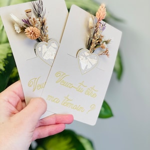 Carte florale Demande Témoin Annonce Mariage, Cœur doré Fleurs séchées