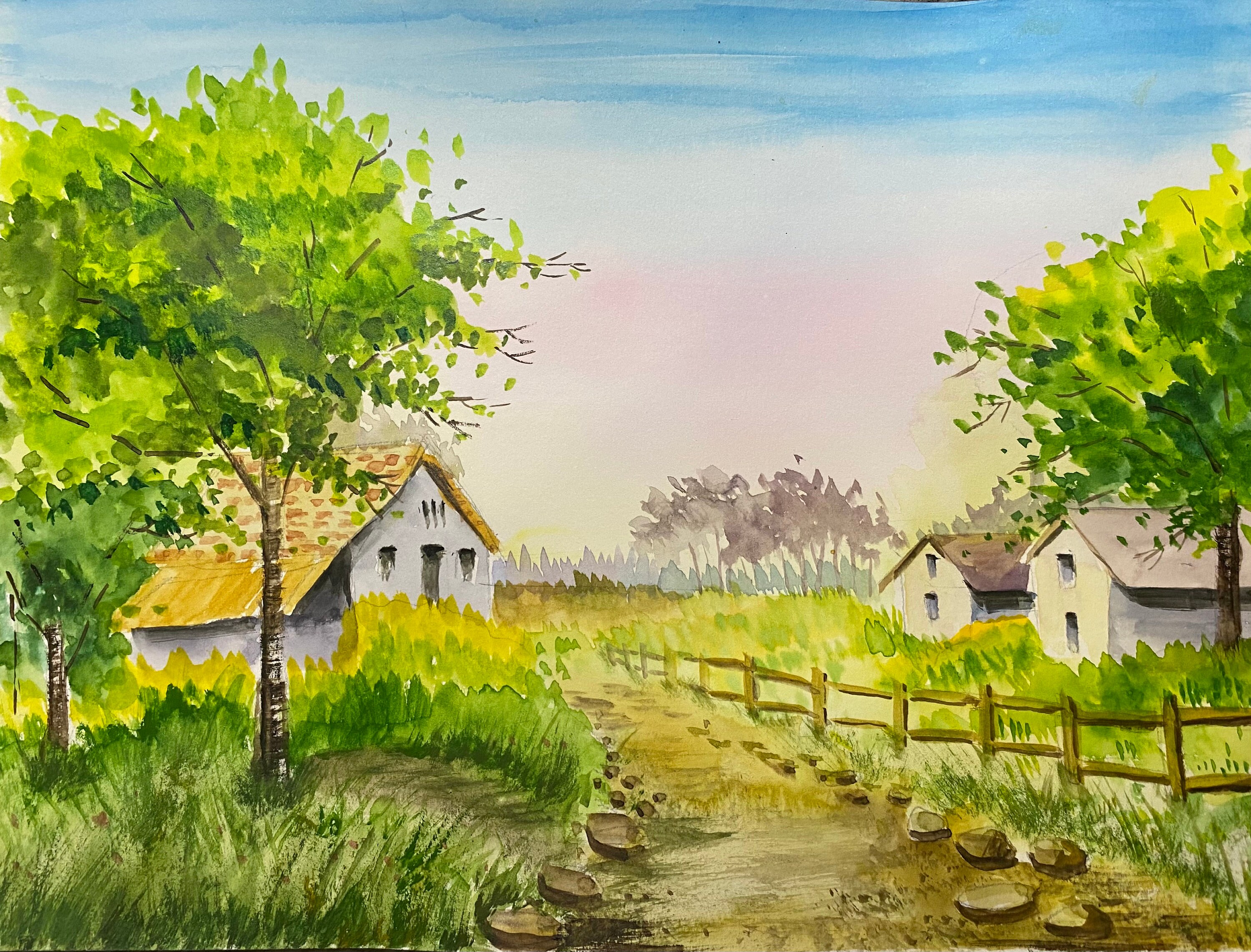 Original watercolor painting country road land landscape art Etsy