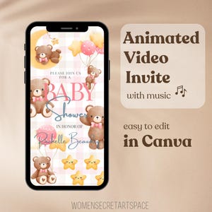 Offerta a tempo limitato!! Invito video per baby shower • Tema rosa + Canva modificabile • Clip RSVP + Biglietto stampabile