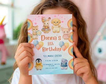 Editable Birthday Invitation | Cute Animal Party | Printable Canva Template | Sylvanian / Calico Critters Theme | Digital Download
