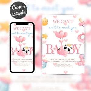 Uitnodiging voor een pandababyshower – thema roze meisje – bewerkbare Canva-sjabloon – digitale download