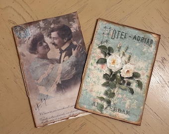 Handmade French Theme Journal Booklets, Coffee Tea Stained Papers