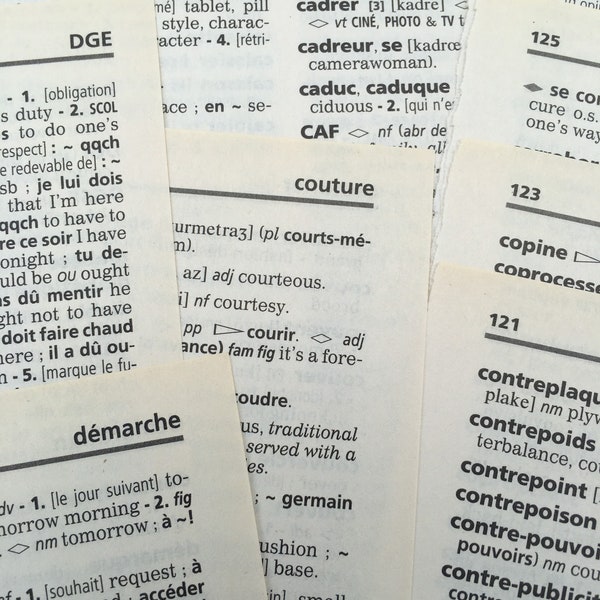 French and English Vintage Dictionary Text Pages for Junk Journal, Set of 30 pages