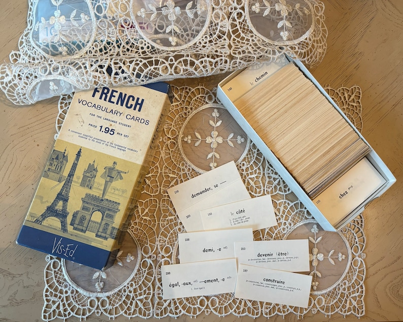 Op de afbeelding: Een doos met Franse woordenschatkaarten voor taalstudenten. De doos heeft een kleurrijke illustratie van iconische Parijse bezienswaardigheden, waaronder de Eiffeltoren en de Arc de Triomphe. De tekst op de doos luidt "Franse woordenschatkaarten" en "Prijs 1,95 per set".