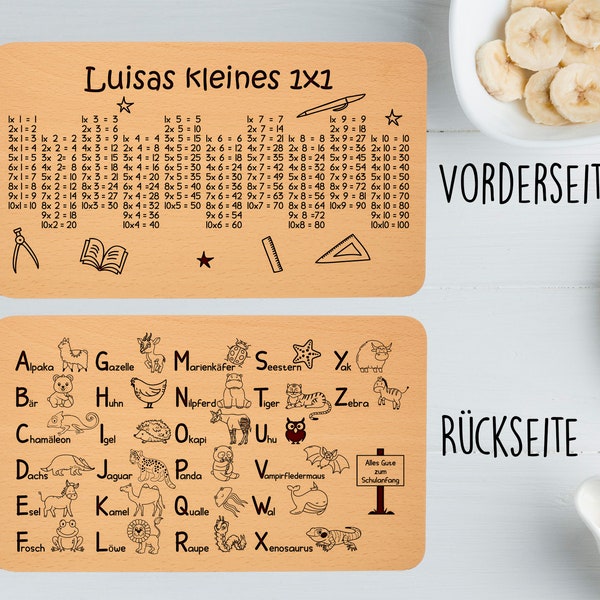 Frühstücksbrett 1x1 und Alphabet zum Schulanfang doppelseitig graviert