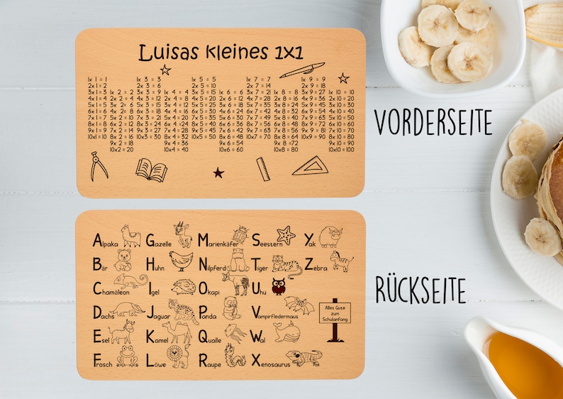 Frühstücksbrett 1x1 und Alphabet zum Schulanfang doppelseitig graviert Bild 1