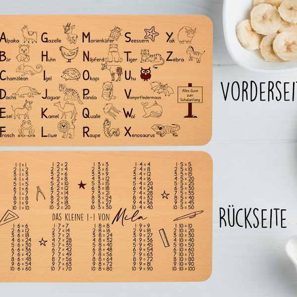 Frühstücksbrett Alphabet und 1⋅1 zum Schulanfang doppelseitig graviert