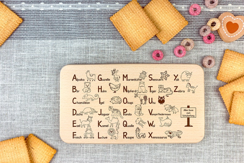 Frühstücksbrett 1x1 und Alphabet zum Schulanfang doppelseitig graviert Bild 2