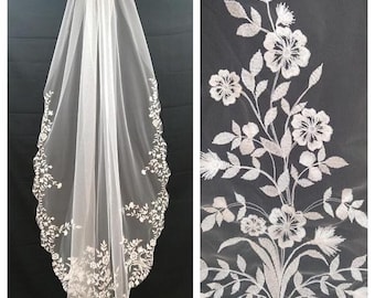 Veil lace edge bridal veil 1 tier veil tulle with lace veil wedding cathedral long veil royal one tier chapel length soft fingertip veil