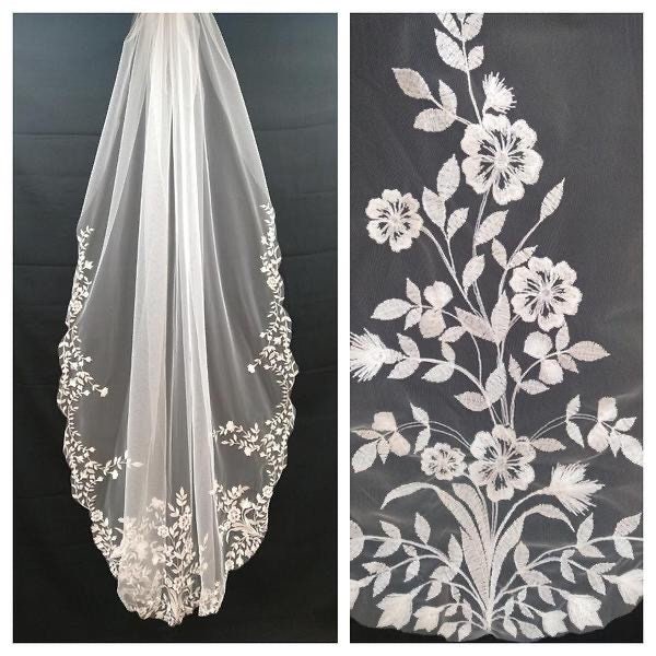 Veil lace edge bridal veil 1 tier veil tulle with lace veil wedding cathedral long veil royal one tier chapel length soft fingertip veil