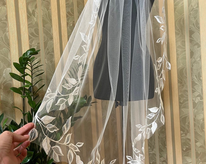 Leaf Lace Wedding veil Fingertip Length Bridal Veil in White , Ivory