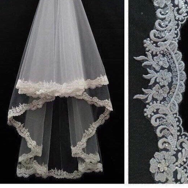 New Bridal Veil, Wedding Veil with comb, Cathedral Ivory Veil Blusher Two Tier Veil with 2 inch Horsehair Trim, 108 inches