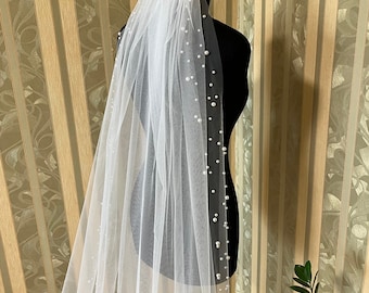 Fingertip Wedding Veil 1-Layer Pearl Edge, Soft Tulle Bridal Veil with Comb for Pearl Beaded Fingertip Wedding Veil Soft Sheer Tulle One  main image 3