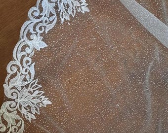 Sparkly wedding veil glitter veil sparkly veil tulle lace one tier veil lace veil 1 layer cathedral long sparkly veil embroidery edge