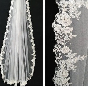 Voile de dentelle cathédrale voile de mariée avec voile de mariée en dentelle doux tulle voile chapelle mariée voile blanc ivoire mariage voile du bout des doigts peigne coude