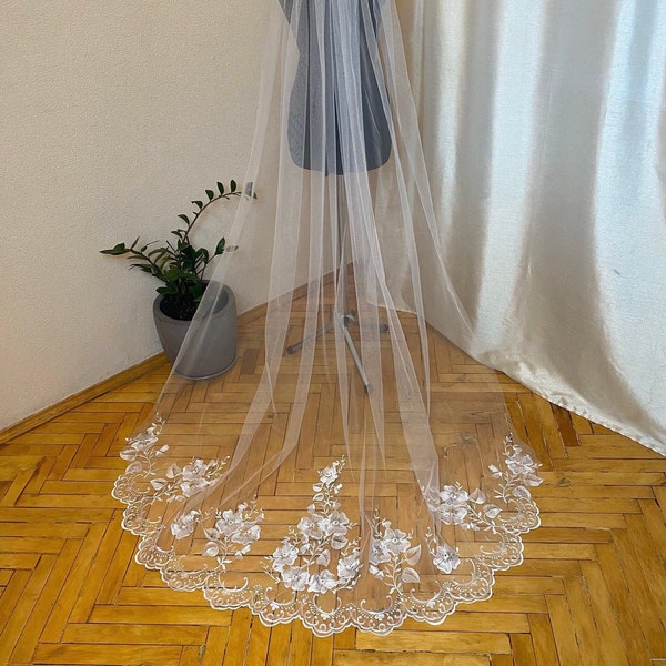 Wedding veil chapel length veil lace veil flower veil trim veil lace applique cathedral veil long bridal veil comb floral veil wedding boho