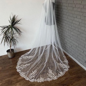 Handmade veil lace wedding veil flower veil embroidery bridal veil floral ebmroidered trim veil wedding soft tulle veil short veil fingertip image 4