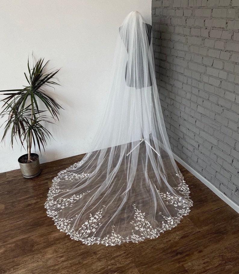 Handmade veil lace wedding veil flower veil embroidery bridal veil floral ebmroidered trim veil wedding soft tulle veil short veil fingertip image 4