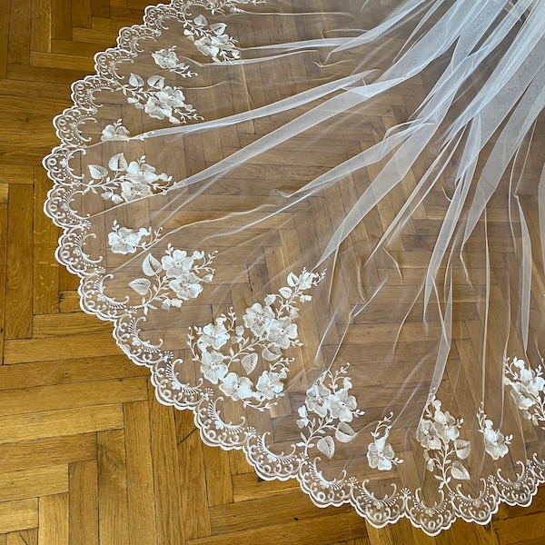 Bruidssluier kant kapel lengte sluier kanten sluier bloem sluier trim sluier kant appliqué kathedraal sluier lange bruidssluier kam bloemen sluier bruiloft