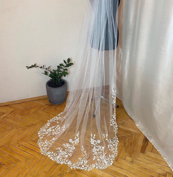 Velo De Novia Largo Tipo Capilla - Personalizado, Color Marfil/blanco, Diseño Floral