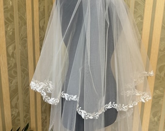 Wedding veil blusher veil lace two tier veil embroidery bridal veil ivory embroidered veil leaf veil wedding lace veil boho 2 layer veil