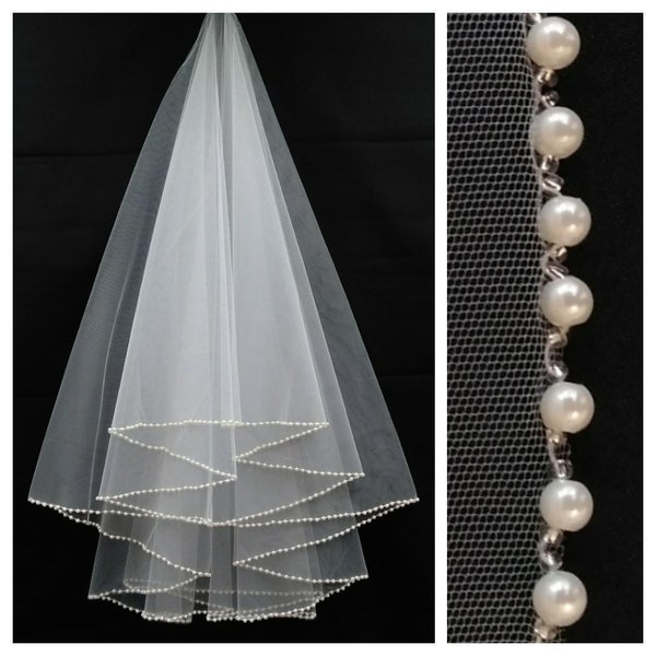 Beaded wedding veil 2 layer elegant bridal veil two tier veil short beaded veil with comb veil pearl edge fingertip veil cathedral veil