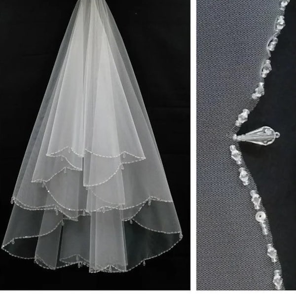 Wedding veil beaded two layer elegant bridal veil 2 tier veil short beaded veil with comb cathedral veil pearl edge fingertip veil chapel