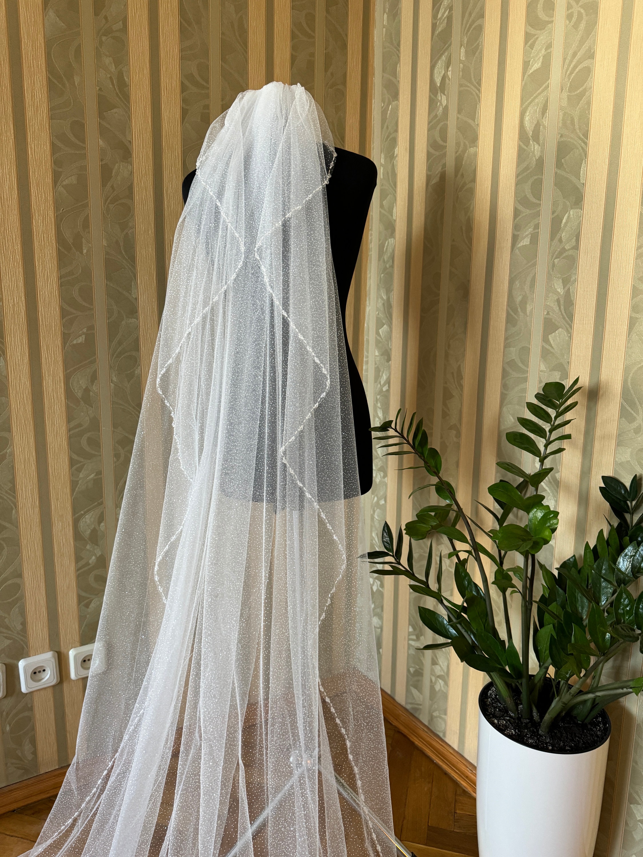 NWT Kylie Crystal & Pearl Beaded Veil Cathedral - 108 inches / White TG1028L120: Cathedral Length Sparkle Tulle Veil with Beaded  main image 2