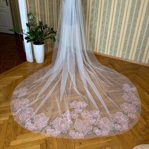 Flower veil colorful veil floral veil embroidery veil wedding veil blush flowers veil bridal veil long florals veil colored veil cathedral
