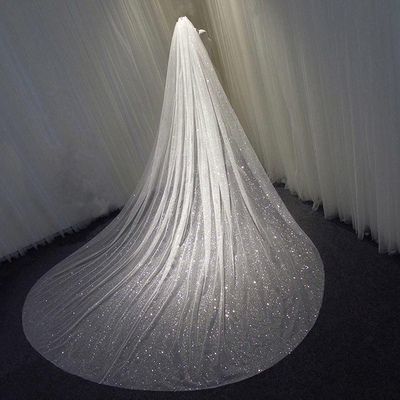 Glitter wedding veil glitter bridal veil sparkle veil tulle with glitter 1 tier veil cathedral long veil shimmer wedding veil fingertip veil image 2