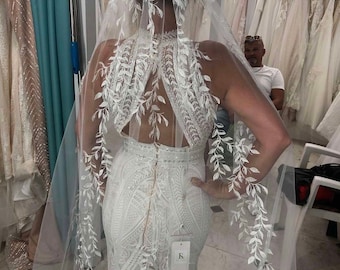 Einreihiger Schleier Hochzeit Blatt Schleier Elfenbein Spitzenbesatz Schleierspitze Weiß Applikation Kathedrale Schleier langer Brautschleier Kamm Ellbogen Kathedrale Hochzeitsschleier