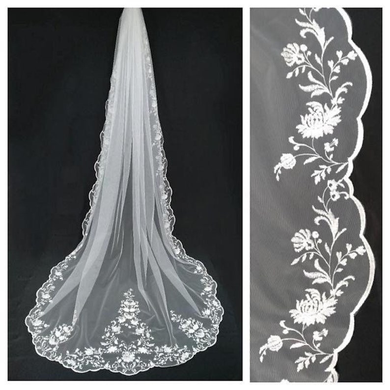 Veil lace edge bridal veil 1 tier veil tulle with lace veil wedding cathedral long veil royal one tier chapel length soft fingertip veil image 3