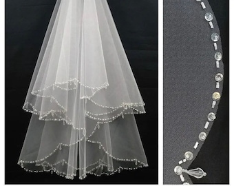 Wedding veil with beaded veil long veil fingertip veil beaded two layer veil bridal veil chapel fingertip 2tier veil cathedral veil short