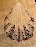 Red veil wedding veil green leaves bridal veil colored veil with embroidery flowers veil bride floral veil lace trim veil fingertip length product logo