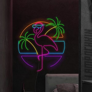 Flamingo 3.0  and palm tree | Flamingo with sunglasses | Neon Tropical Flamingo Neon light, neon sign, wall decor, retro neon sign