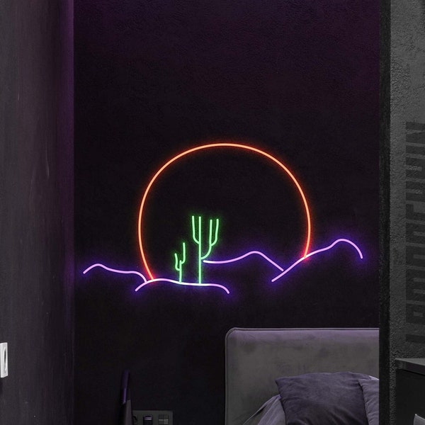 Sunset Desert with cactus  Neon Lighting  - mountains with cactus Neon for cafe, restaurant decor, neon sign,  kids wall decor