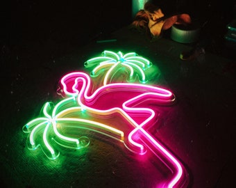 PALME und Flamingo | Neon Tropical Flamingo Neonlicht, Neon Schild, Wanddeko, Retro Neon Schild, Wandleuchte Retro