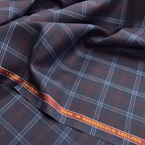 Navy With Aqua And Red Overcheck Onyx Super 100&#39;s Luxury Jacketing And Suiting Fabric