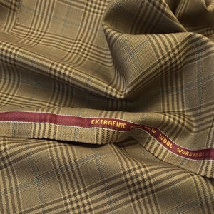 Light Brown With Blue Overcheck Onyx Super 100&#39;s Luxury Jacketing And Suiting Fabric