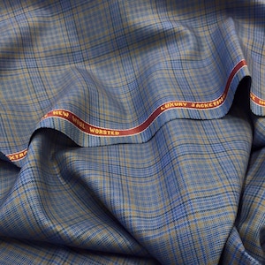 Blue And Tan With Lilac And Navy Overcheck Onyx Super 100&#39;s Luxury Jacketing And Suiting Fabric